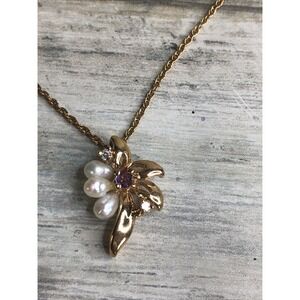 Gold Plated Flower Pendant Necklace pearls and accent stones 24" Twist Chain